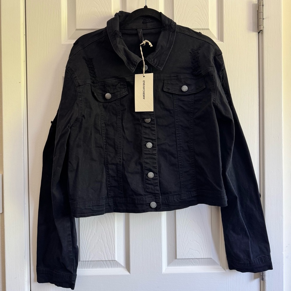 American Bazi Black Cropped Jean Jacket western NWT 2X